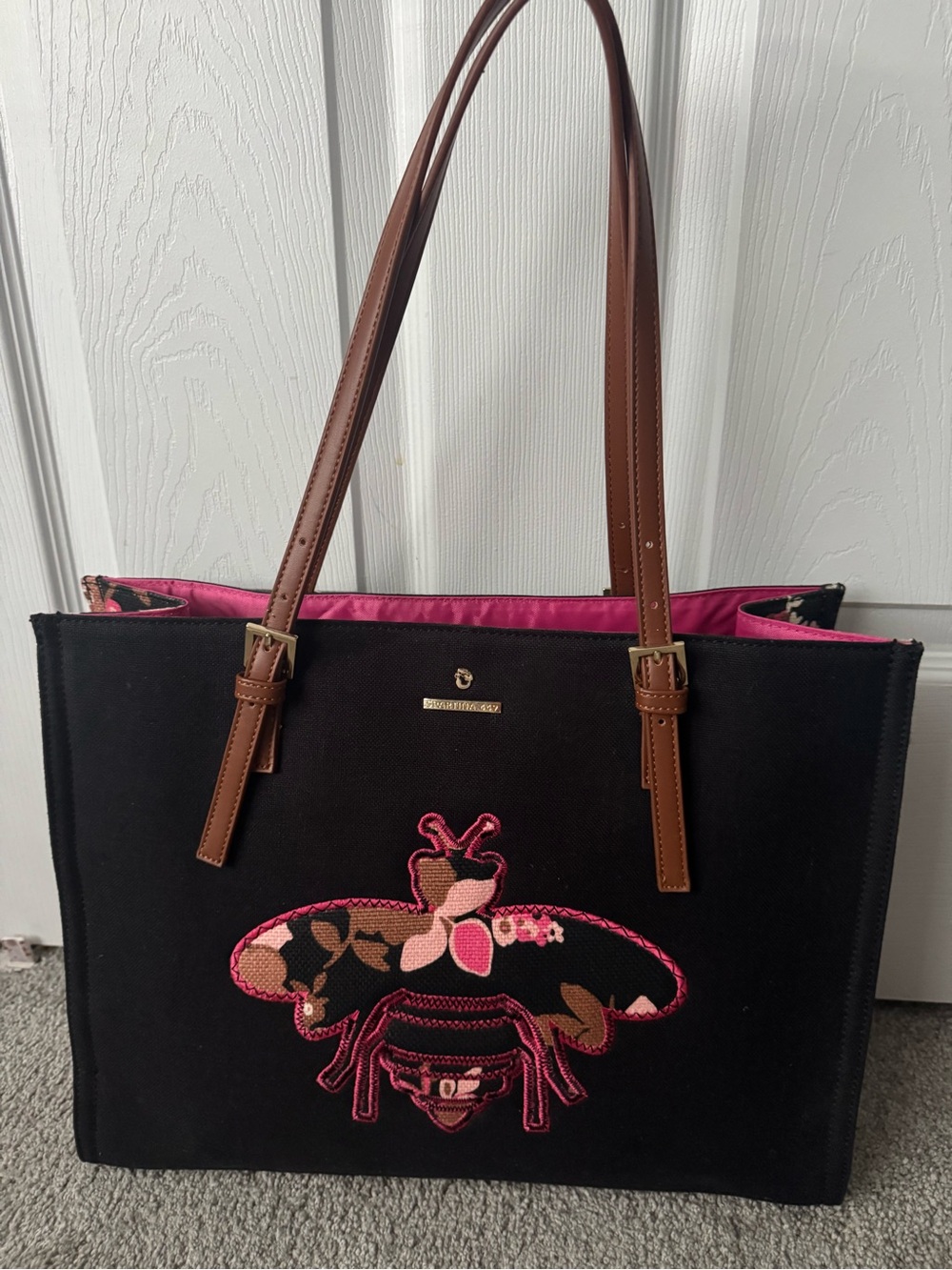 Spartina 449 Black Canvas Tote with Pink Bee Motif and Brown Straps